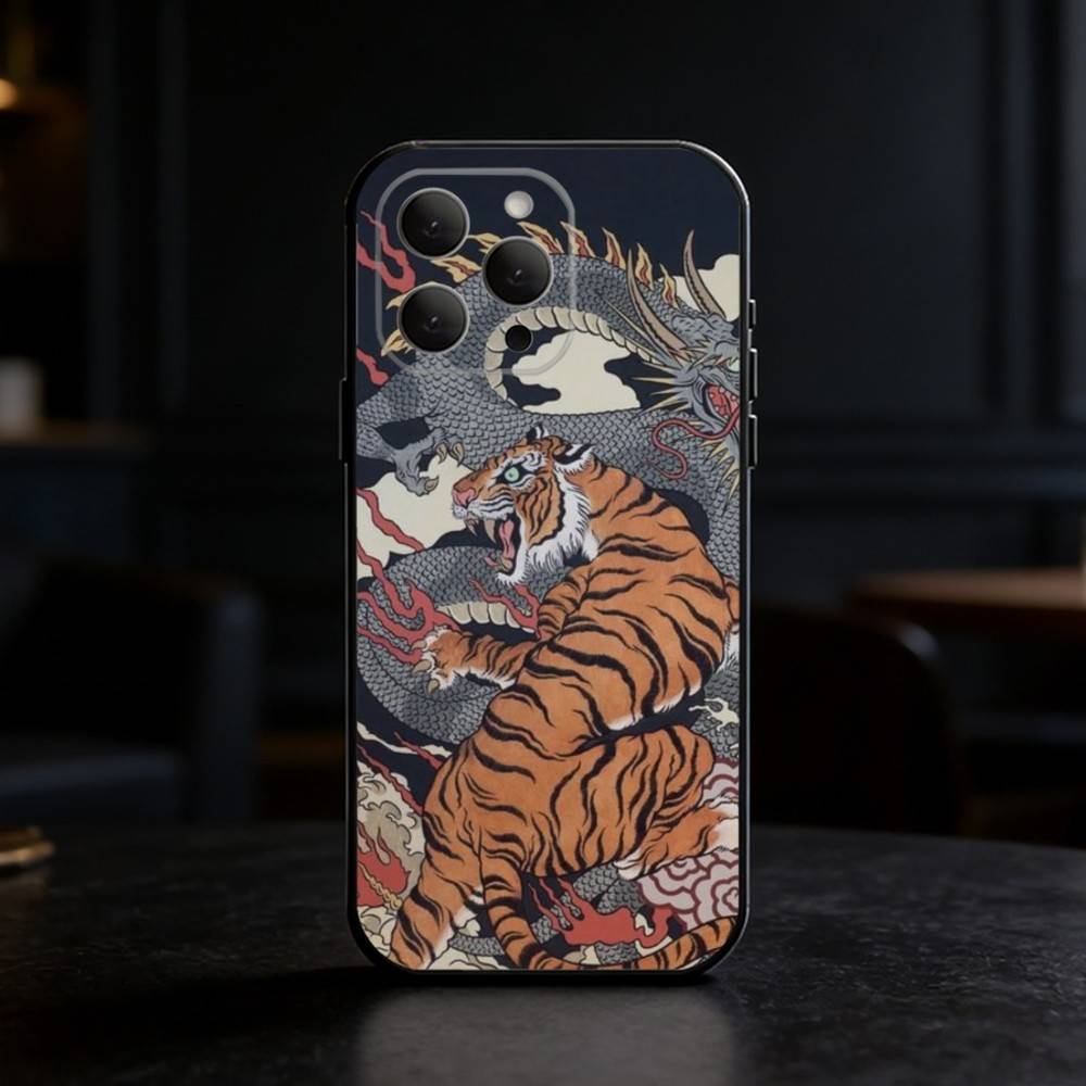 Japanese Ukiyo-e Tiger Phone Case Silicone black Soft For IPhone 17,16,15,14,13,12,11,SE,Plus Pro Max