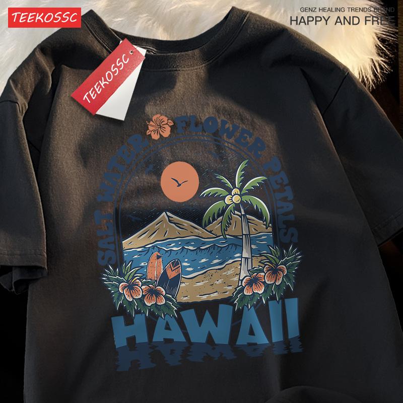 Лепестки цветов с соленой водой Гавайская одежда для мужчин и женщин Летняя футболка Harajuku с рисунком из хлопка Модные дышащие топы для пар