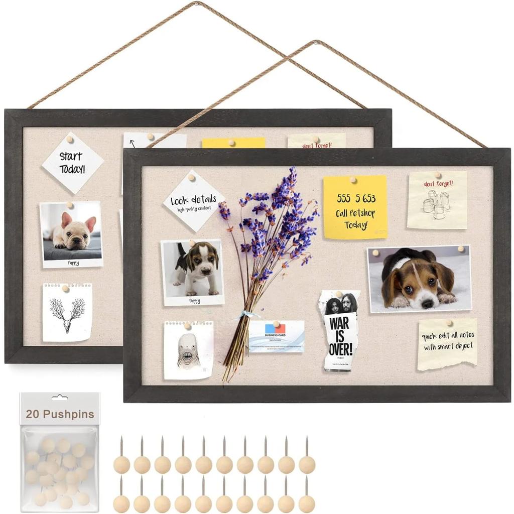 Sfugno Wood Bulletin Boards, 2-Pack Linen Wall Bulletin Board, Decorative Hanging Pin Board, 16"x11"Frame Cork Board Light Bulletin Boards