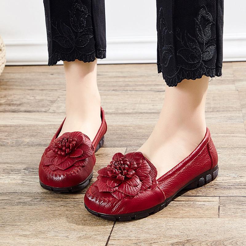 Vintage Summer Genuine Leather Shoes Without Heels Women's Moccasin Woman Ballet Flats Slip On Floral Loafer Ladies Chic Shoes
