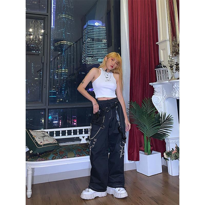 Черные брюки-карго в стиле Харадзюку, женские брюки-карго в готическом стиле с цепочкой, белые широкие брюки, женские хиппи, уличный стиль, эмо-торговый центр, гот