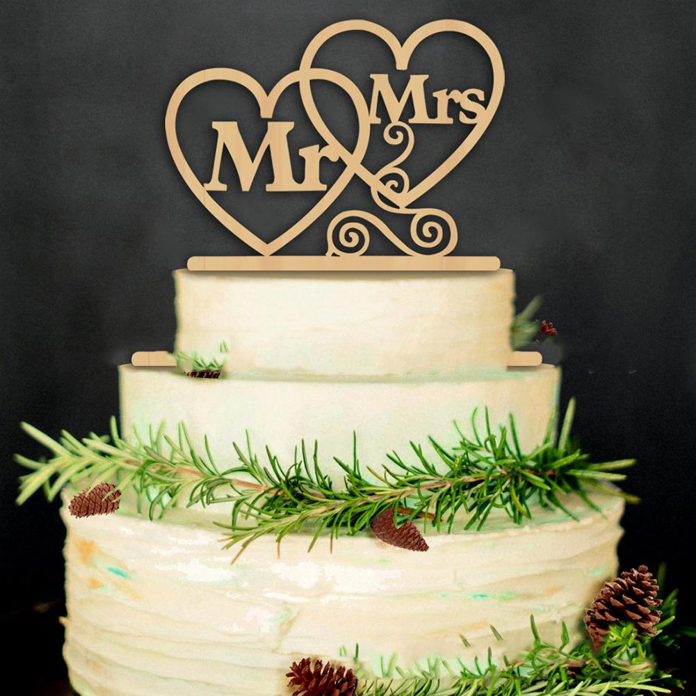 Wooden Wedding Cake Topper Simple Mr&mrs Letter Love Shape Birthday Weddings Engagements Anniversary Party Cake Decoration Card