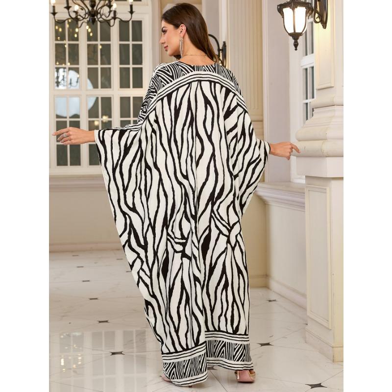 Женская мода весна осень геометрический принт длинный рукав V-образный вырез свободная талия повседневные платья