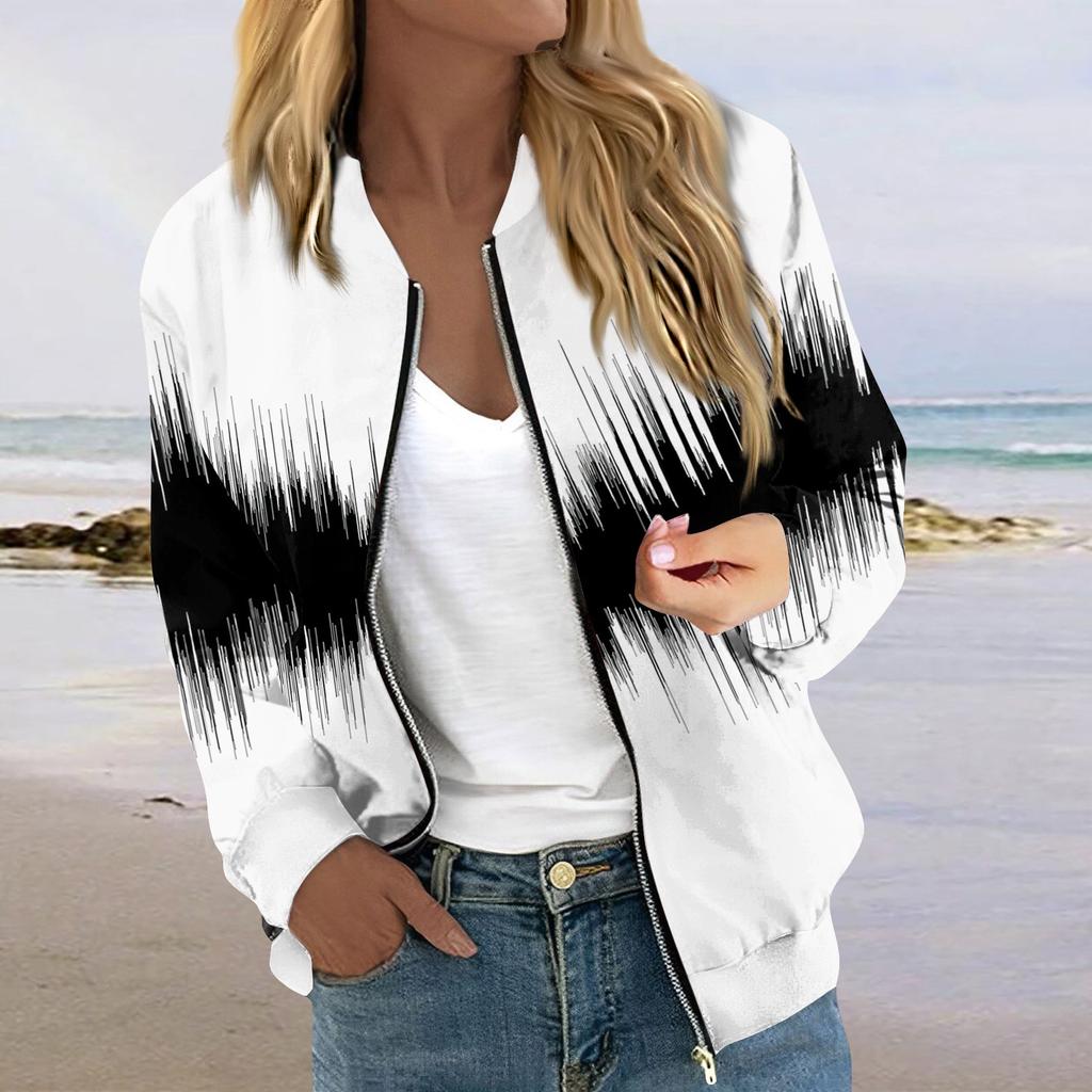 Женская модная повседневная куртка на молнии с длинным рукавом с принтом и круглым вырезом
