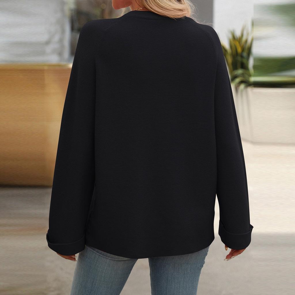 Женская мода однотонный круглый вырез с пуговицами длинный рукав свитер топ