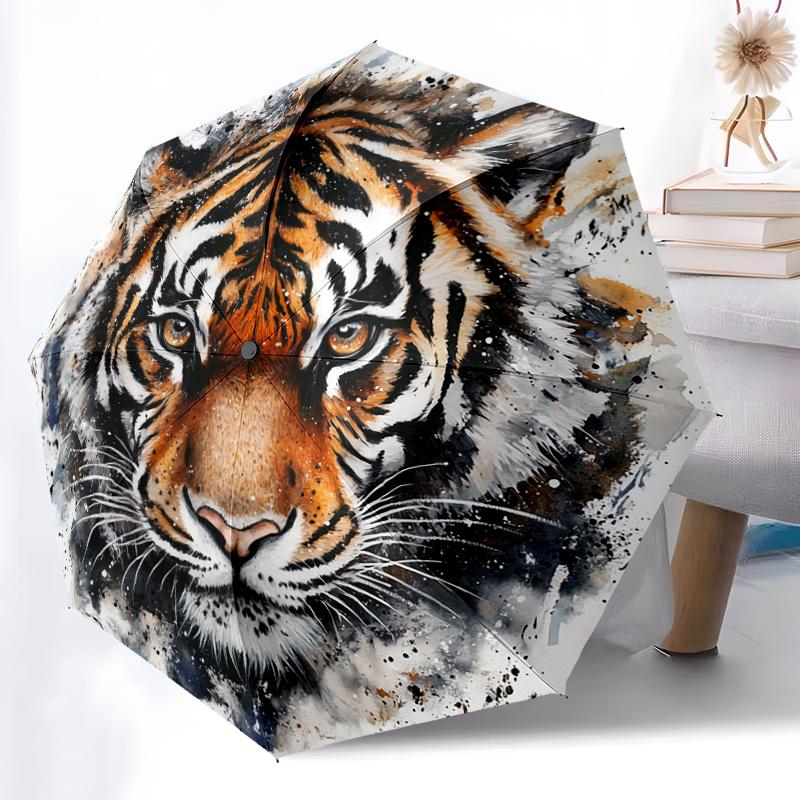 Tiger Watercolor Artwork Pattern New Style Umbrella, 1pc Automatic Folding Umbrella, Portable Foldable Design Umbrella, Outdoo