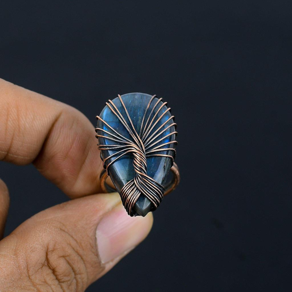 Tree Of Life Labradorite Gemstone Copper Wire Wrapped Handmade Jewelry Ring For Gift