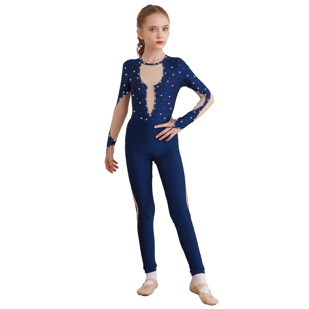 Kids Girls Shiny Gymnastics Unitard Bodysuit Long Sleeve Back Keyhole Mesh Patchwork Ice Skating Jumpsuit