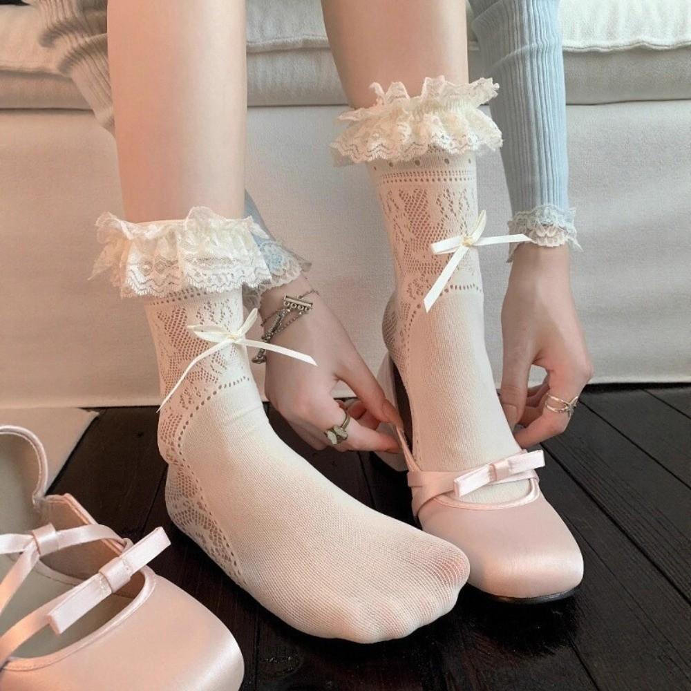 Solid Color Mid-Tube Socks Sweat Absorbent Stocking High Quality Lace Bow Socks for Women