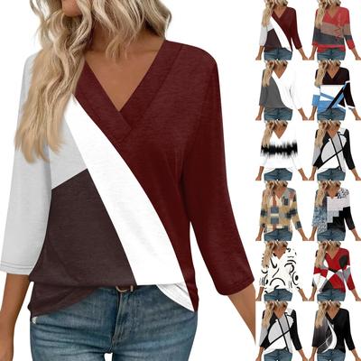 Женские топы с рукавами 3/4 и V-образным вырезом, повседневные туники, базовые рубашки, блузки свободного кроя
