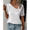 Кружевная блузка с коротким рукавом, летняя элегантная женская повседневная футболка, топы для женщин, свободная повседневная рубашка с простыми пуговицами