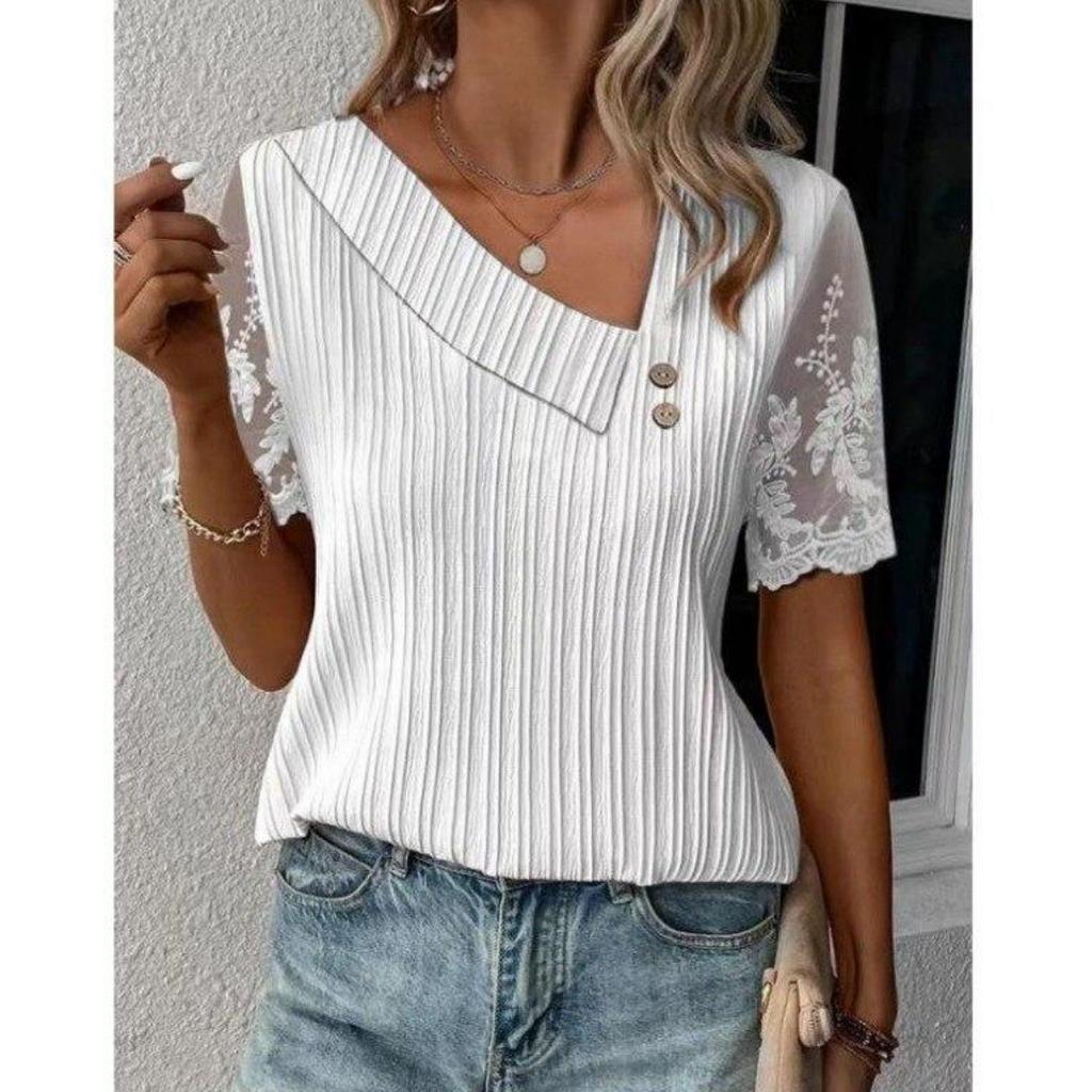 Кружевная блузка с коротким рукавом, летняя элегантная женская повседневная футболка, топы для женщин, свободная повседневная рубашка с простыми пуговицами