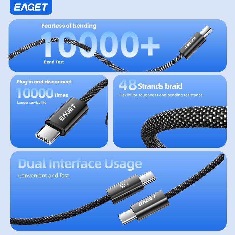EAGET 60W PD USB Type C To Type C Cable Data Cord 48 Strands of Braided Yarn  Fast Charging  With for IPhone15, Android
