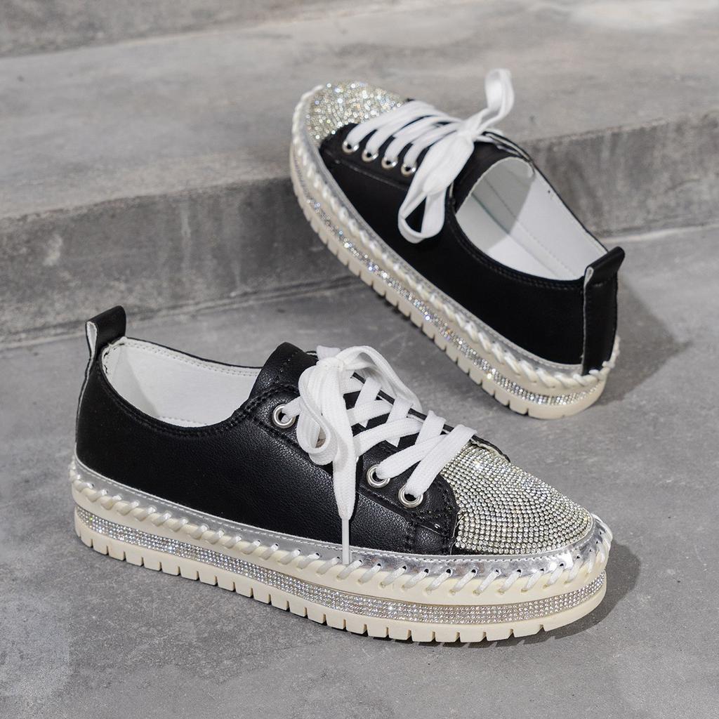 Women Shoes Diamond Setting Platforms Casual PU Walking Flats Lace Up Shoes Sneaker Plus Size 44