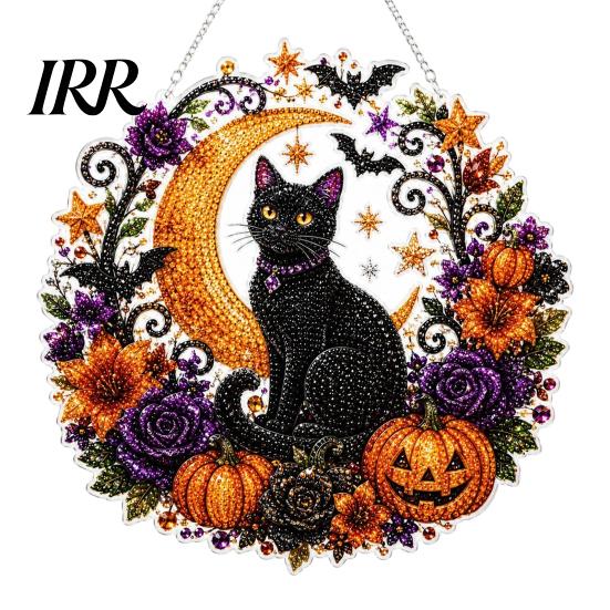 Creative Stress Relief Crafts Black Cat Moon Rhinestone Painting Kit, Halloween Faceted Faux Crystal Hanging Decor, 3D Ornament DIY Craft Window Decor