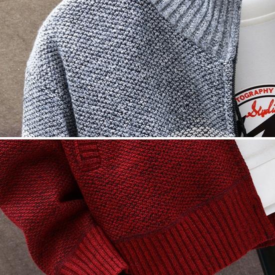Men Autumn Winter Sweater Coat Stand Collar Thick Plush Color Matching Knitted Elastic