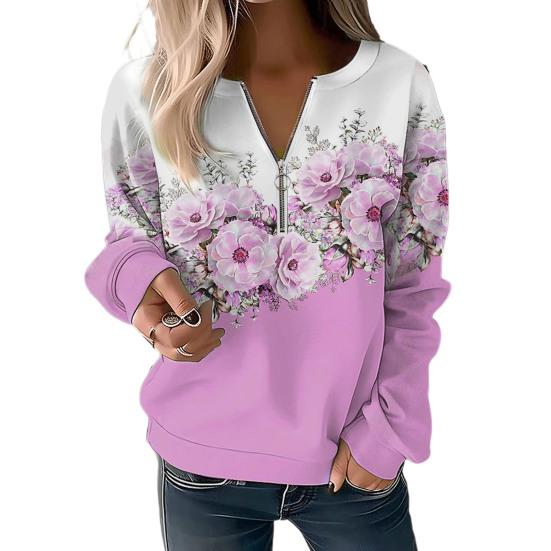 Женский осенне-весенний свитер с цветочным принтом, v-образный вырез, молния, декор, пуловер с длинными рукавами, мягкий повседневный толстый эластичный манжет, женский топ, блузка