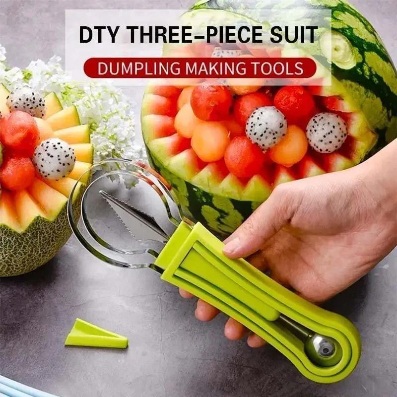 3pcs Watermelon Slicer Cutter Scoop Fruit Carving Knife Cutter Fruit Platter Fruit Dig Pulp Separator Kitchen Home Gadgets Tools