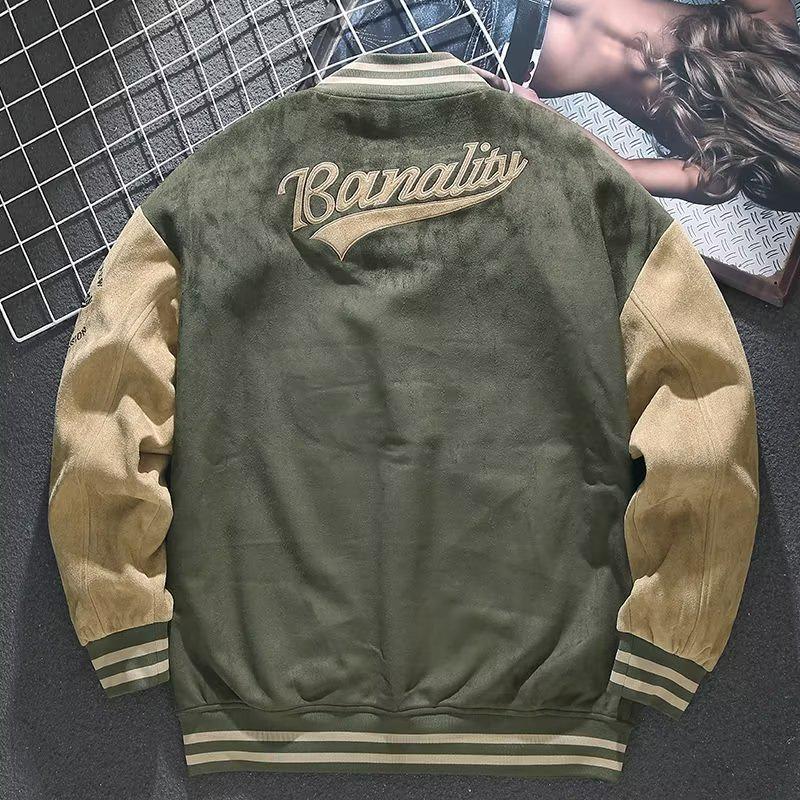 Men's Retro Suede Baseball Jacket - Embroidered Pilot Style for Autumn and Winter