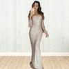 Women Prom Dress Tassel Sleeves Sheath Slim Fit V Neck Solid Color Sequin Fishtail Hem Evening Dress Cocktail Party Maxi Dress