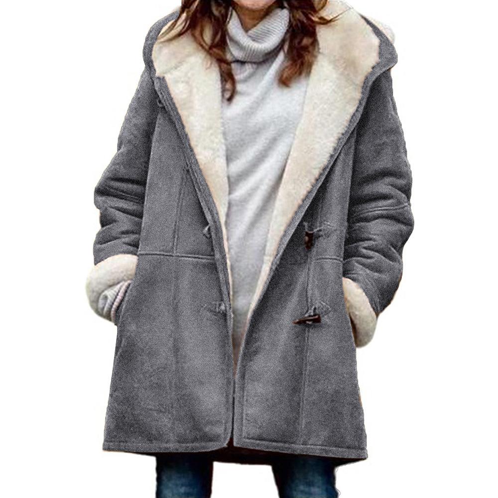 Coat Women's Jacket Cow Horn Buckle Pockets Fleece Lined Hooded Overcoat Outerwear Winter Women
