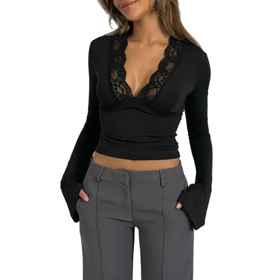 Женский укороченный топ с длинными рукавами, сексуальный, глубокий V-образный вырез, кружевная облегающая блузка, повседневная базовая рубашка для выхода на весну и осень