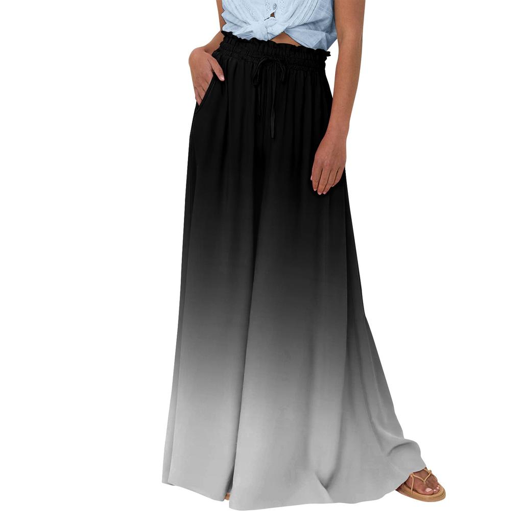 Женские широкие брюки с высокой талией, летние повседневные струящиеся брюки-палаццо, пляжные брюки с принтом и карманом