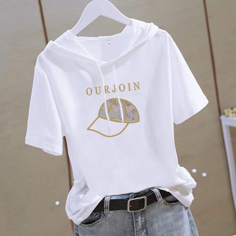 Women's Short Sleeve Hooded T Shirt Loose Fit Summer Casual Slimming Youthful White Top