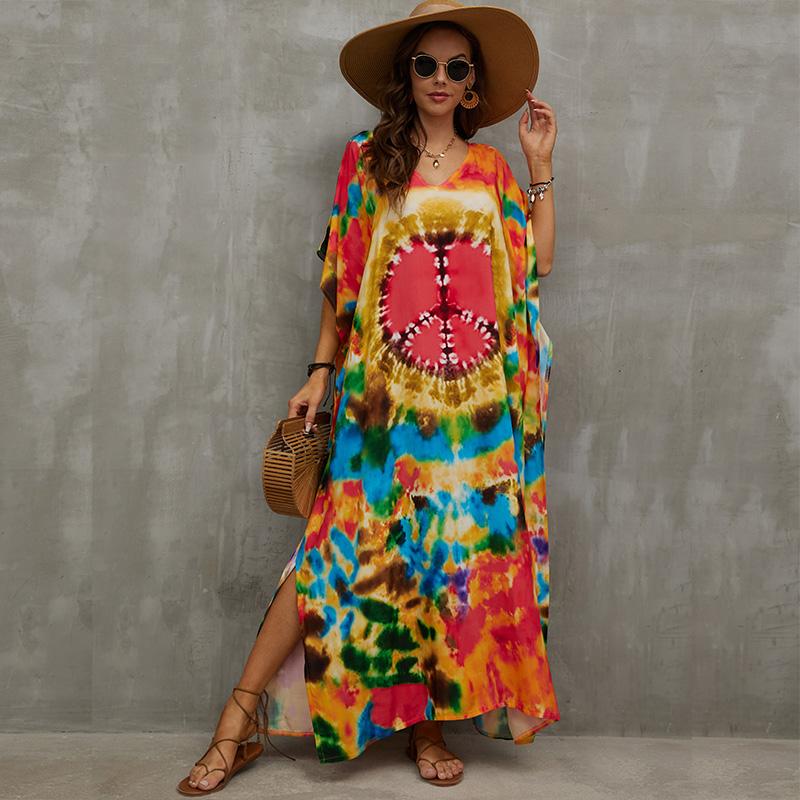 EDOLYNSA Турецкий халат с принтом и рукавами «летучая мышь», летняя туника, купальник больших размеров, накидка для женских купальников, синие платья-кафтаны Q1415