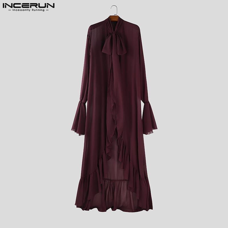 INCERUN Мужские топы с завязками на шее, длинными рукавами, оборками, неровными слоями, из сетки, длинные, для вечеринок и клубной одежды