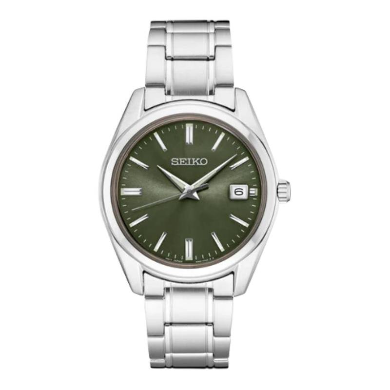 Seiko Серия Essentials Водонепроницаемость 100 метров Кварцевые Стальной ремешок Мужские часы Зеленый циферблат SUR527