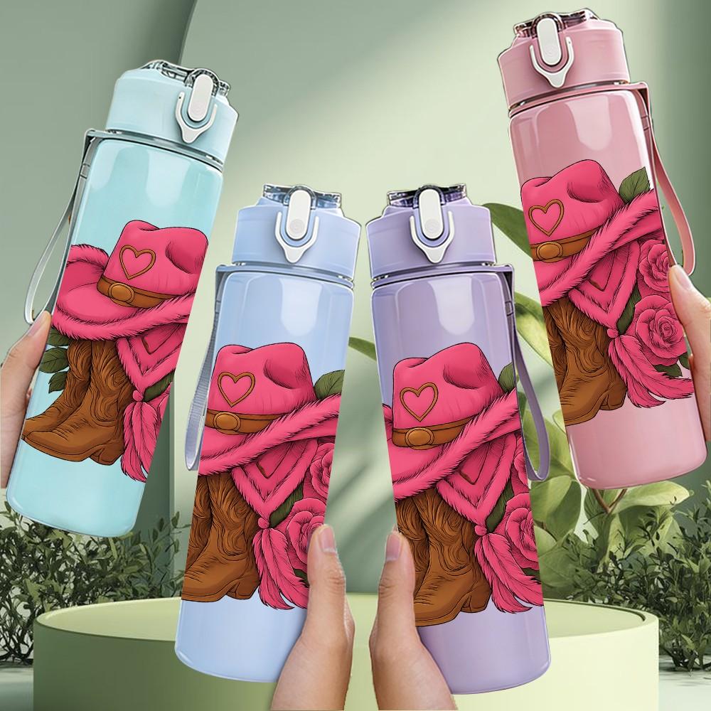 1PC Pink Cowboy Hat Rose Flower 750ml Color Plastic Sports Water Bottle Leakproof Flip Straw Lid Suitable for Sports Office Home Use