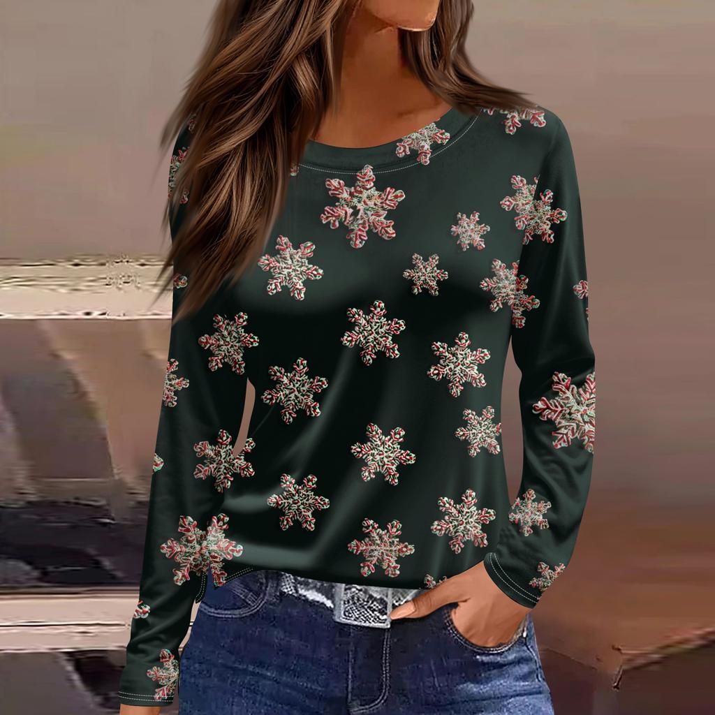 Women's Fashion Hem Slit Casual Christmas Printed Round Neck Long Sleeve Top