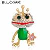 Vivid Enamel Green Frog Prince Shape Brooches Crystal Animal Toad Lapel Pins