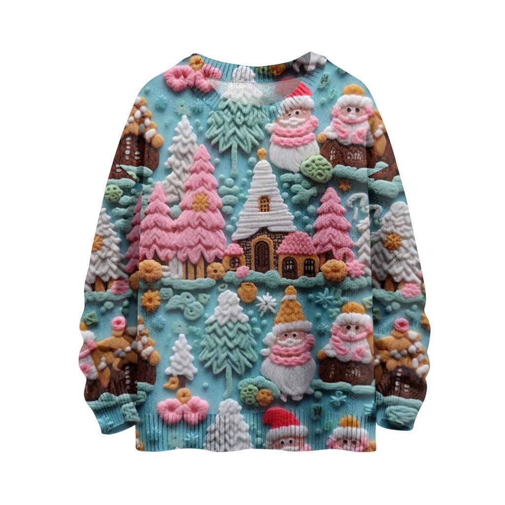 Women's Fashion Casual Long Sleeve Christmas Printed Round Neck Knitted Top