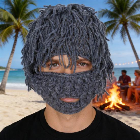 Детская шапка со съемным париком из мягкой пряжи с прямыми волосами, панк-стиль, усы, теплая вязаная борода, косплей