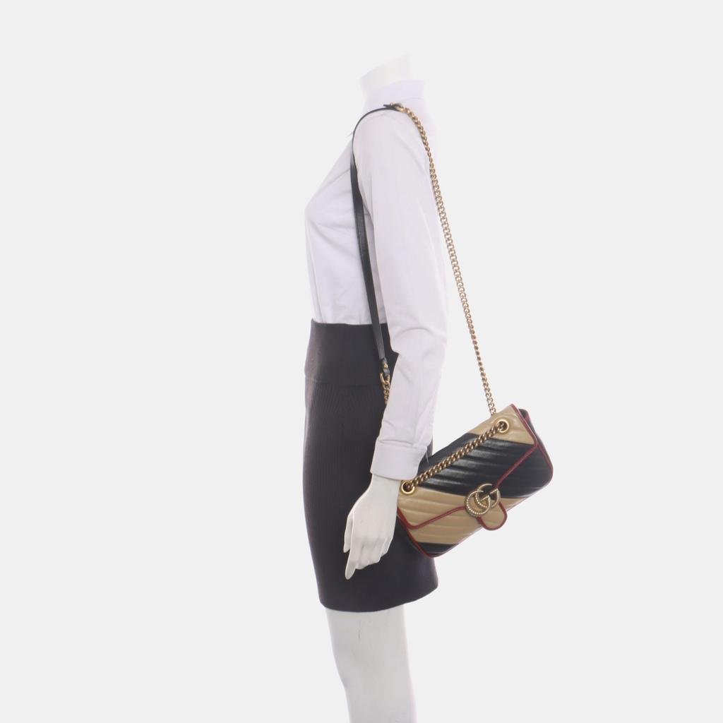 [Pre-Owned] GG Marmont Gold Logo Color Block Quilted Chain Leather Shoulder Bag - Very Good #JJYJ8