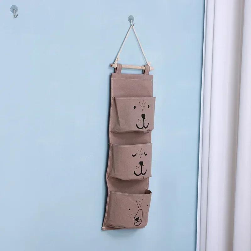 3 Pockets Cotton Wall Mounted Storage Bag Home Room Closet Door Sundries Clothes Hanging Bag Holder Cosmetic Toys Organizer