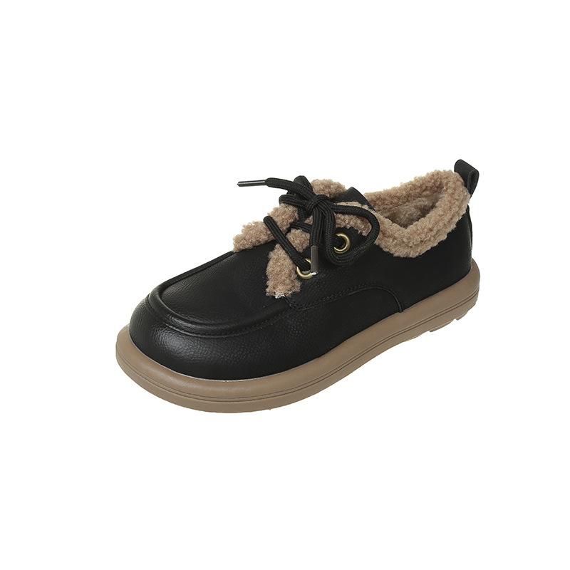 Осенью и зимой новые теплые хлопковые туфли из овечьей шерсти и бархата, модная корейская версия, туфли-лоферы на платформе с круглым носком, со шнуровкой, хлопковые туфли в горошек