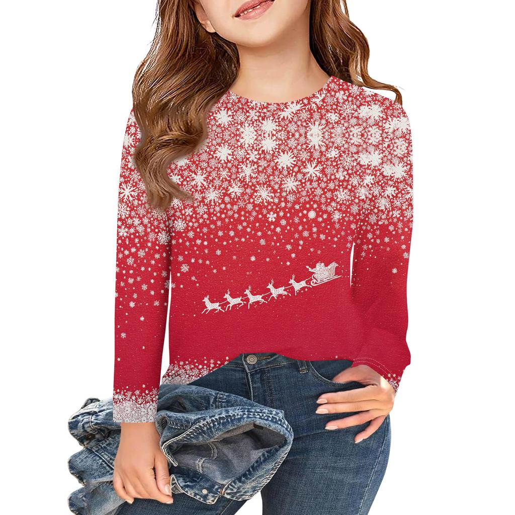 Рождественские футболки с длинным рукавом для девочек, детские осенние топы с круглым вырезом и принтом, базовые футболки