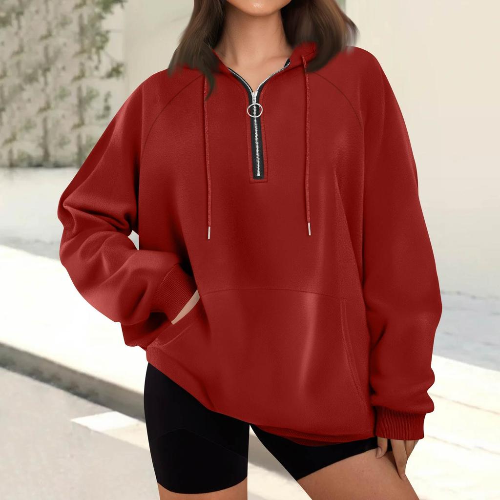 Women's Casual Fashion Long Sleeve Solid Color Zip Hooded Sweatshirt Top With Pocket