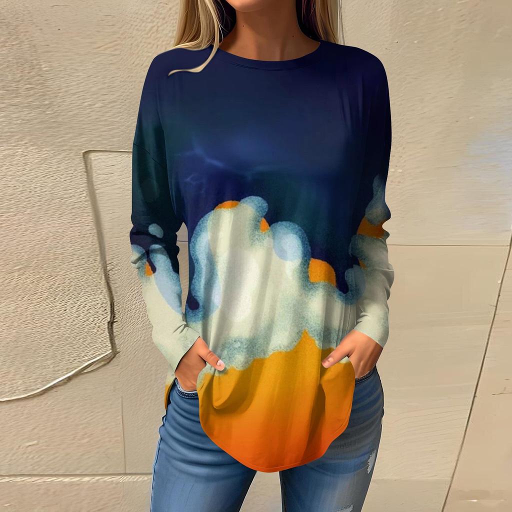 Tee Shirts For Women Fall Casual Long Sleeve Shirts Sweatshirt Geometric Stitching Printing Top Pullover