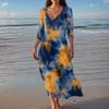 Women's Vintage Print Tunic Waisted Midi Dress Summer Casual 3/4 Sleeve Dress Dress
