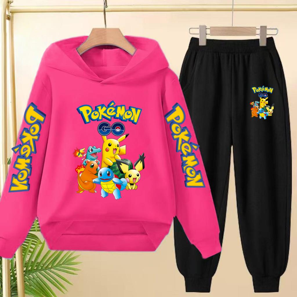 Pikachu Two-piece Clothing Children Girls Sweatshirt+Pants Casual Tracksuits Boys Pokemon Hoodie Kawaii Pullover Sports Coat Set