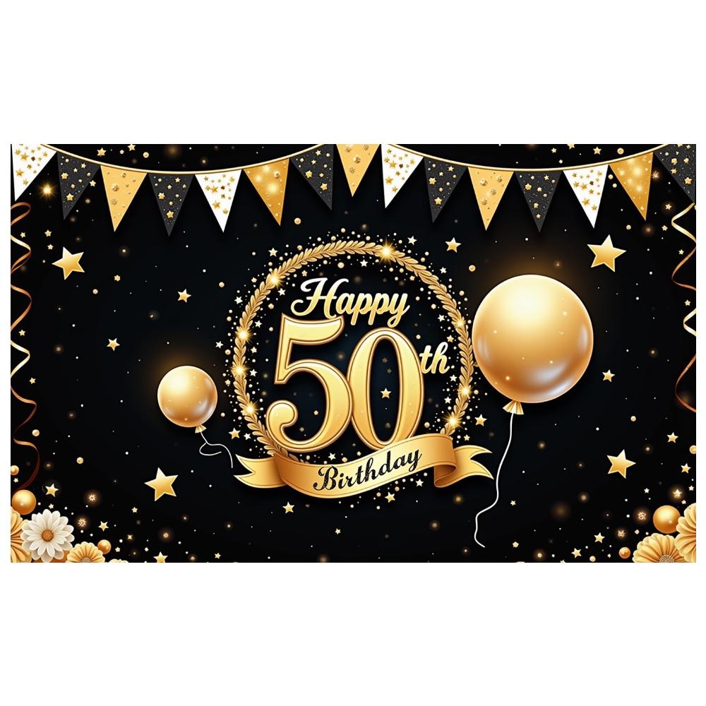 50th Birthday Banner Star Decor Golden Birthday Display Balloon Design Triangle Backdrop for Birthday Party Adult Celebration
