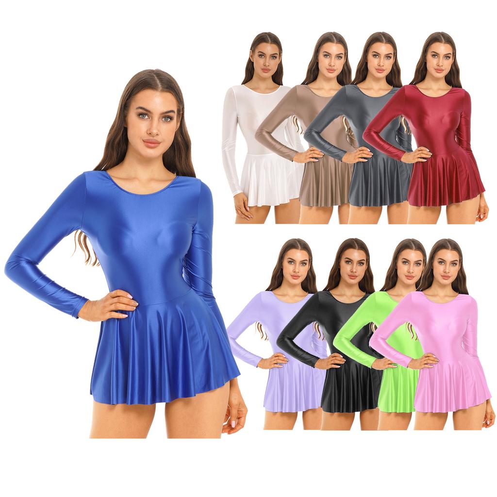 Woman Dance Gymnastics Skirted Leotard Dress Long Sleeve Sports Dance Party Mini Dress Swim Dresses