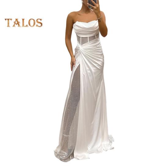 Женское вечернее платье бандо с открытыми плечами без рукавов плиссированное сетчатое платье в стиле пэчворк с блестящими пайетками атласное платье длиной до пола банкетное выпускное платье макси