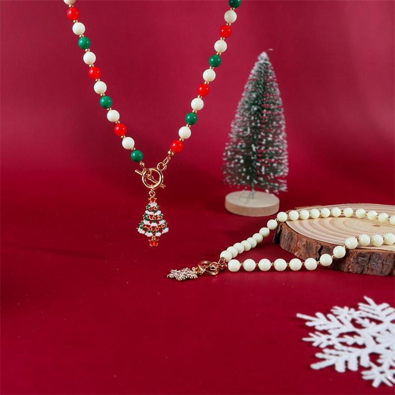 Christmas Imitation Pearl Necklace for Women Fashion Santa Claus Snowman Pendant Clavicle Chain Jewelry