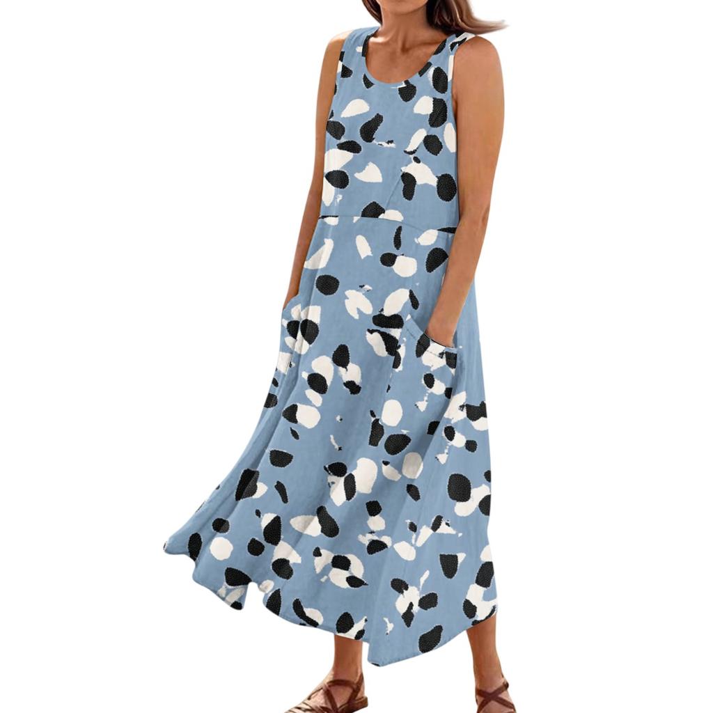 Women's Summer Casual Fashion Flower Printed Sleeveless Pocket Dress