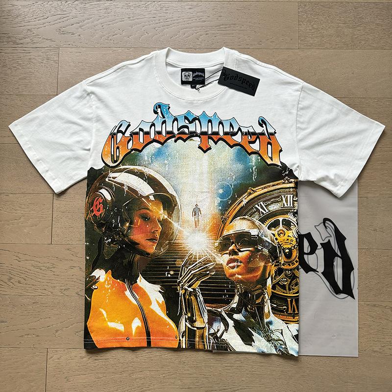 New Meichao Godspeed Skull Rock Band Crew Neck Wash Black Short Sleeve T-Shirt Couple Same Style